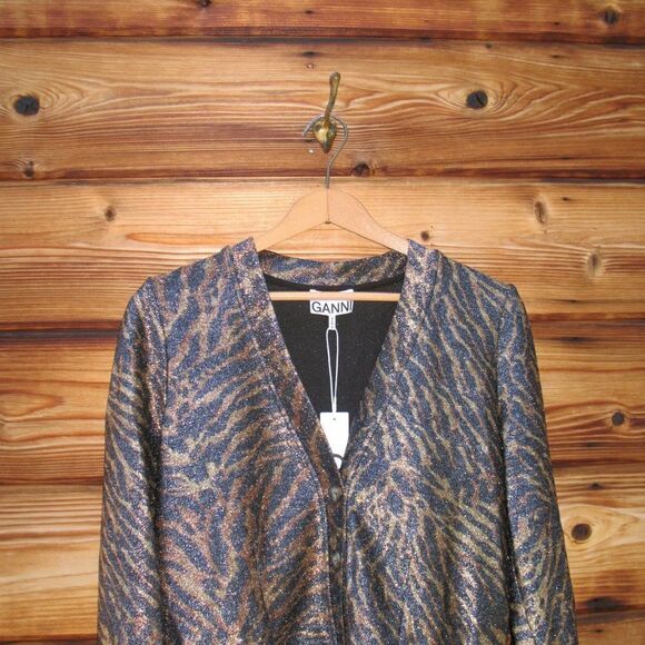 NWT GANNI Metallic Jersey Animal Print Cardigan Top - Picture 4 of 9